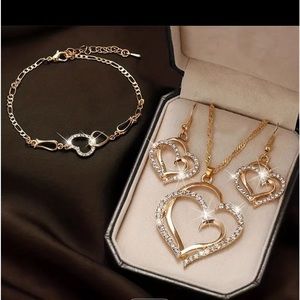 Rhinestone Decor Necklace Bracelet Hook Earrings Hollow Out Double Heart Pendant